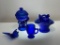 (8H) COBALT BLUE GLASS CHERUB NUT DISH, WESTMORELAND GLASS HEN ON NEST, HANDLED EGG CUP, AND GLASS