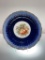 (9I) ANTIQUE COBALT FLOW BLUE UNMARKED BOWL, SMALL CHIP ON RIM; OVERGLAZE TRANSFER OF RED PEARS IN