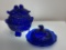 (9I) 8 INCH HOFBAUER BYRDES COBALT BLUE GLASS CANDY DISH LOVEBIRDS; AND COVERED ESCARGOT PLATE