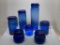 (4D) CONTEMPORARY COBALT BLUE GLASS BAIL TOP CANISTERS. TALLEST MEASURES 13 INCHES.