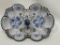 (1A) ANTIQUE BLUE AND WHITE CHINA FLORAL DIVIDED RELISH DISH WITH HANDLE, GOLD ACCENTS, MARKED 6700;