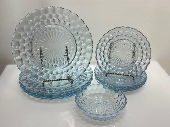 (2B) ANCHOR HOCKING BUBBLE SAPPHIRE BLUE GLASS DINNER PLATES, SALAD PLATES, AND SMALL BOWL. SOME
