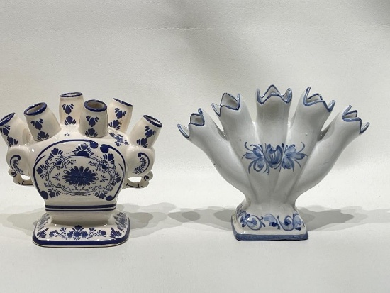 (2B) BLUE AND WHITE FINGER VASES, ONE MARKED PORTUGAL