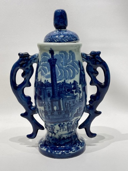(1A) VICTORIA IRONSTONE ENGLISH COBALT BLUE TRANSFERWARE URN WITH LID AND FIGURAL HANDLES 12 INCH