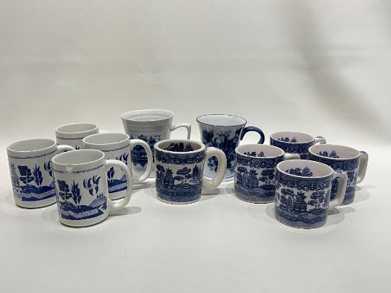 (2B) ASSORTED BLUE WILLOW AND BLUE AND WHITE TRANSFERWARE MUGS, CHINA, STONEWARE, PORCELAIN. CRACKER