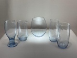 (6F) LIGHT SEA BLUE GLASS VASE (6-INCH) AND TUMBLERS INCLUDING LIBBEY GLASS