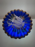 (6F) RUFFLED COBALT BLUE GLASS DECORATIVE TRAY WITH HAND PAINTED CHRISTMAS DOVE AND GOLD ACCENTS