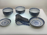 (6F) ORIENTAL RICE FLOWER PATTERN CHINA SOUP BOWLS, SPOONS AND MORE