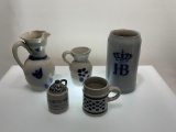 (7G) SALT GLAZE COLONIAL WILLIAMSBURG POTTERY PITCHERS (5 1/4 AND 7 3/4 INCH); HOFBRAUHAUS POTTERY