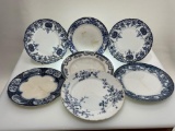 (7G) COLLECTION OF FLOW BLUE IRONSTONE AND CHINA PLATES, ALL APPROX 8 INCHES IN DIAMETER. MARKES