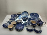(7G) BLUE WILLOW BLUE AND WHITE TRANSFERWARE MINIATURE TEA CHINA INCLUDING TEA POTS, CUPS, SAUCERS,