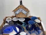 (7G) ASSORTED COBALT BLUE GLASS, AND BLUE & WHITE POTTERY ODDS AND ENDS MISMATCHED PIECES,