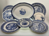 (7G) ASSPRTED BLUE WILLOW TRANSFERWARE AND ORIENTAL SCENIC IRONSTONE INCLUDING UNMARKED 13.5 INCH