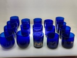 (8H) COBALT BLUE GLASS CONTEMOIRARY LOW BALL TUMBLERS INCLUDING SOME WITH ADVERTISING: HARVERYS, BRC