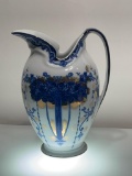 (9I) ANTIQUE VICTORIA WARE IRONSTONE COBALT BLUE AND WHITE PITCHER WITH GOLD ACCENTS (10.5 INCH
