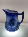 (9I) OLD GLORY ENGLAND FLOW BLUE IRONSTONE INDIAN HEAD PITCHER (8.5 INCH HEIGHT)