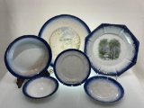 (9I) COLLECTION OF FLOW BLUE PLATTERS, PLATES AND BOWLS. MOST PIECES NOT MARKED, AND HAVE CHIPS,