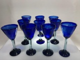 )9I) HAND BLOWN COBALT BLUE GLASS MARTINI'S THICK STEM GOBLETS SET