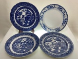 (9I) COLLECTION OF BLUE WILLOW CHINA AND IRONSTONE TRANSFERWARE PLATES WITH MARKS INCLUDING: SOCIETE