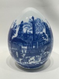 (1A) ST DENIS BLUE AND WHITE TRANSFERWARE EGG 8 INCH HEIGHT