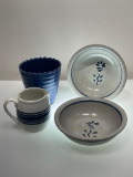 (10J) 6 3/4 INCH BLUE AND WHITE STONEWARE BOWLS, CREAM PITCHER (CHIPPED) AND LIGHT BLUE PLANTER WITH