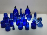 (10J) ANTIQUE COBALT BLUE GLASS THREADED TOP MEDICINE BOTTLES VICKS VAPORUB, AND PERFUME BOTTLES