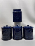 (1A) ANTIQUE COBALT BLUE TOBACCO CANISTERS. THREE MARKED M.C.C.C, DUKE OF MONMOUTH; ONE MARKED A