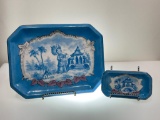 (2B) PAIR OF LIGHT BLUE HAND PAINTED ORIENTAL PORCELAIN OCTAGON COCKTAIL TRAYS WITH SCENE OF WOMAN