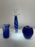 (3C) HAND BLOWN COBALT BLUE ART GLASS INCLUDING: 11 INCH SWIRL CANDLESTICK, ITALIAN SCALLOPED BALL