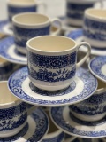 (3C) BLUE WILLOW TRANSFERWARE TEACUP AND SAUCER SETS (39 TOTAL). SAUCERS AND SOME CUPS NOT MARKED.
