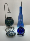 (4D) CONTEMPORARY DECORATIVE BLUE AND GREEN MOSAID LANTERN WITH METAL TABLETOP BRACKET (14 INCH