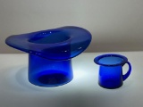 (4D) VINTAGE COBALT BLUE GLASS NOVELTY TOP HAT VASE 4-INCH) & SMALL HAT SHAPED CUP WITH HANDLE (2
