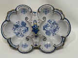 (1A) ANTIQUE BLUE AND WHITE CHINA FLORAL DIVIDED RELISH DISH WITH HANDLE, GOLD ACCENTS, MARKED 6700;