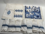 (5E) ASSORTED ANTIQUE BLUE AND WHITE LINEN DISH TOWELS INCLUDING A BLUE WILLOW PRINT TOWEL