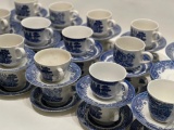 (5E) ASSORETED CONTEMPORARY BLUE WILLOW AND BLUE & WHITE CHINA MISMATCHED CUPS AND SAUCERS MARKED
