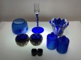(6F) ASSORTED COBALT BLUE GLASS CANDLE CUPS AND HOLDERS, INCLUDING BOHEMIAN CRYSTAL CZECH; DIAMOND