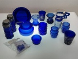 (6F) ASSORTED COBALT BLUE GLASS ITEMS INCLUDING SHOT GLASSES, SALT & PEPPER; KNOB; TOOTHPICK HOLDERS