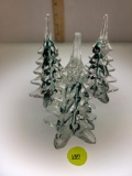 VINTAGE ART GLASS CHRISTMAS TREES CRYSTAL CLEAR GREEN RIBBON - 3 TOTAL