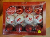 HOLIDAY LIVING RED AND WHITE GLASS ORNAMENTS - SET OF 12 IN BOX