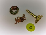 LOT OF THREE CHRISTMAS PINS - ONE WREATH, ONE CANDLE STICK AND ONE NOEL LAPEL PIN