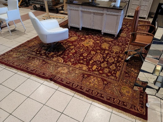 (OFF) HAND MADE "AGRA" AREA RUG IN HUES OF RED, GOLD, AND ROSE. ORIGINALLY RETAILED FOR $3,100!