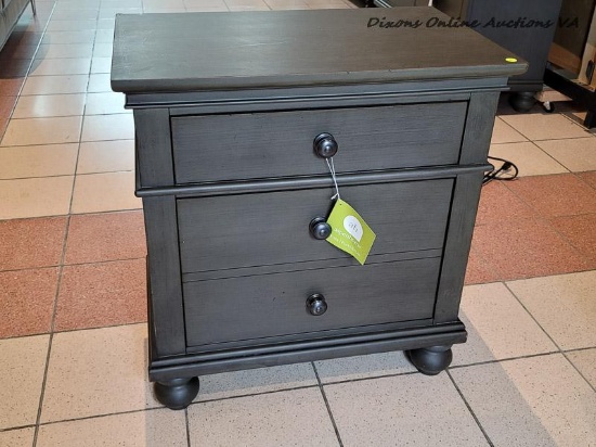 (R1) ASPENHOME OXFORD 2 DRAWER NIGHTSTAND IN PEPPERCORN WITH POWER OUTLETS ON THE BACK. RETAILS FOR