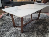 (R3) WEST ELM GEOMETRIC WOOD & MARBLE DINING TABLE. RETAILS FOR $2,200 ONLINE! MEASURES 38 IN X 72