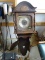 (GARAGE) NEW ENGLAND PINE WALL CLOCK WITH BRASS DIAL, HAS PENDULUM AND WEIGHTS-16 IN X 11IN X 45 IN,