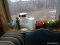 (GARAGE) WINDOW LOT, 4 BOTTLES, ART GLASS PLANTER, 3 COLORED FRUIT JARS WITH WIRE BAILS, ITEM IS