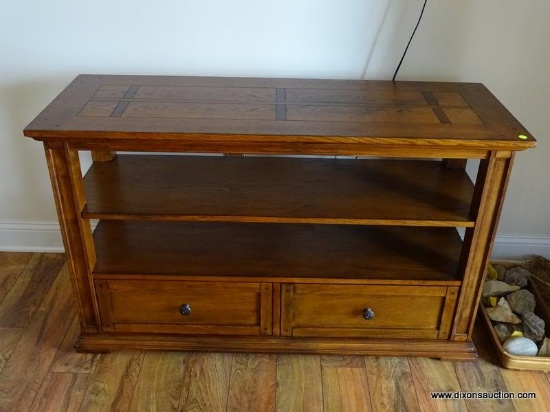 (LR) OAK CONSOLE WITH SHELF AND 2 LOWER DRAWERS- BRAND NEW CONDITION- 50 IN X18 IN X 30 IN, ITEM IS