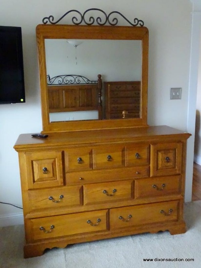 (MBED) ATHENS FURNITURE 8 DRAWER OAK DRESSER WITH MIRROR -MINOR FINISH ISSUE ON THE TOP , VERY GOOD