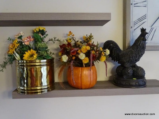 (DRM) DECORATIVE LOT- 2 FLOWER ARRANGEMENTS AND A COMPOSITION ROOSTER- 13 IN H, ITEM IS SOLD AS IS,