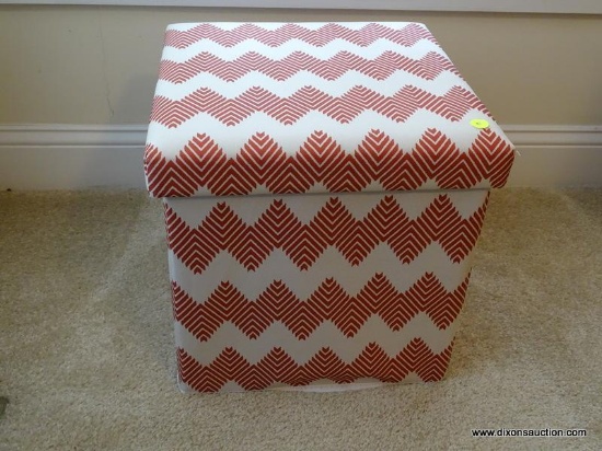 (OFFICE) RED AND WHITE STORAGE OTTOMAN - 15 IN X 15 IN X 14 IN. ITEM IS SOLD AS IS, WHERE IS, WITH