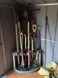 (SHED) YARD TOOLS AND TOOL HOLDER, ITEM IS SOLD AS IS, WHERE IS, WITH NO GUARANTEE OR WARRANTY. NO